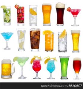 Set of different drinks, cocktails and beer on white background
