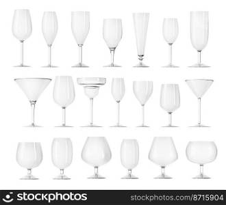 Set of different empty glasses for wine, martini, ch&agne and others on white background. Set wine glass illustration 3d rendering