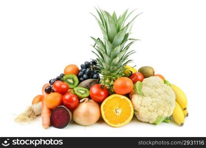set of different fruits and vegetables on white background