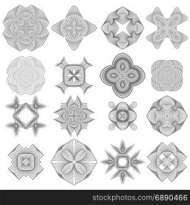 Set of Different Icons Isolated on White Background. Geometric Ornaments. Guilloche Rosettes Isolated. Ornamental Round Decor. Set of Different Icon Guilloche Rosettes
