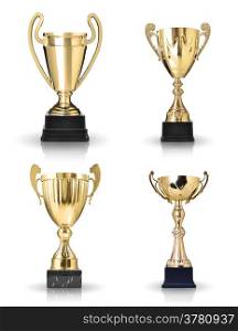 Set of different kind of golden trophies. Isolated on white background