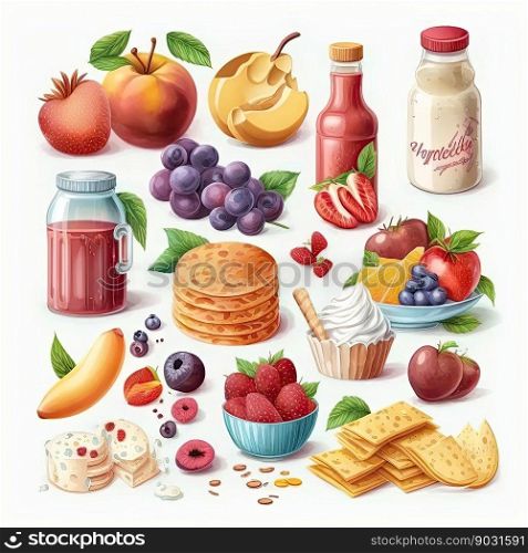 Set of different products. Meals and fruits. Generative AI