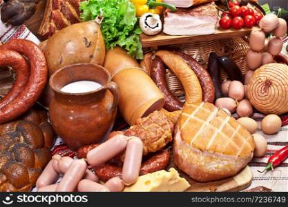 Set of different sausages close-up background