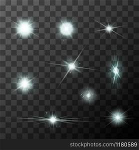 Set of different starbursts with white sparkles on transparent background. Set of different starbursts with white sparkles