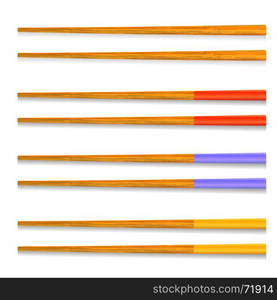 Set of Different Traditional Colored Asian Chopsticks for Food Isolated on White Background. Set of Traditional Colored Asian Chopsticks