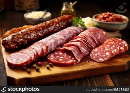 Set of different types of sausages, salami and smoked meat. Set of different types of sausages, salami and smoked meat.