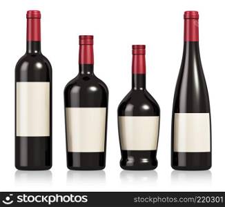 Set of different wine, cognac, whisky and liqueur bottles isolated on white background with reflection effect