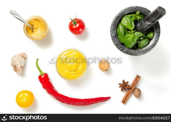 set of dip sauces and spices isolated on white background