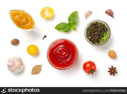 set of dip sauces in bowl isolated on white background