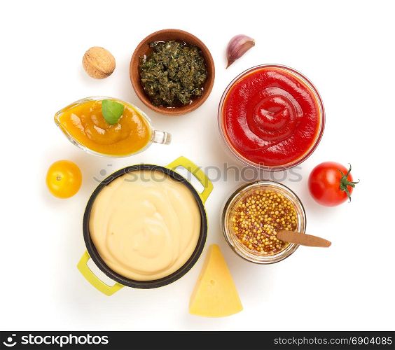 set of dip sauces in bowl isolated on white background