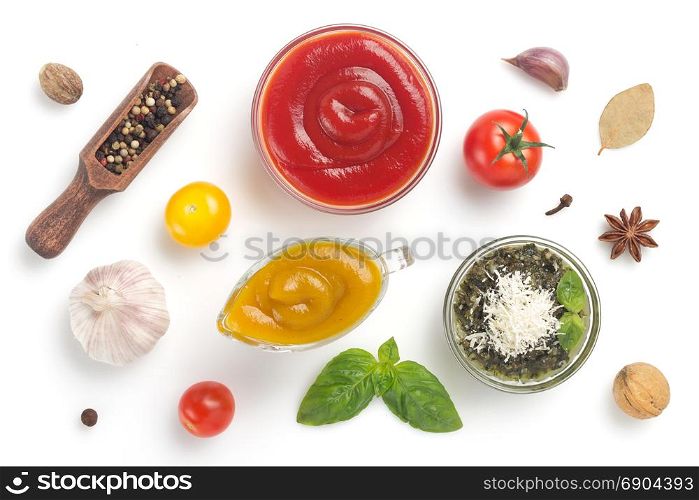 set of dip sauces in bowl isolated on white background