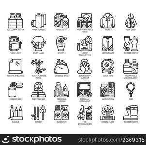 Set of Disaster Supply Kit thin line icons for any web and app project.