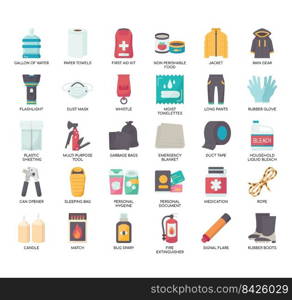 Set of Disaster Supply Kit thin line icons for any web and app project.