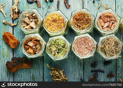Set of dry medicinal herbs in glass jars.Alternative medicine concept or herbal medicine. Medicinal herbs in herbal medicine