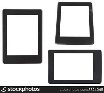 set of e-book reader with cut out screen isolated on white background