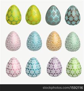 Set of easter eggs. Decorated with lace pattern. Pastel colors, delicate shades. Isolated on a white background. Can be used to create cards, invitations, banners and flyers. Spring holiday theme.