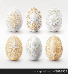 Set of Easter eggs with trendy paper cut and lace patterns on white background. Modern creative design. AI. Set of Easter eggs with paper cut and lace patterns on white background. AI