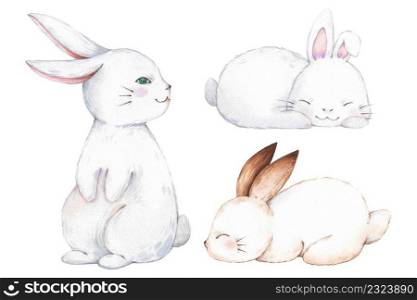Set of Easter rabbits watercolor. Hand drawn watercolor illustrations.