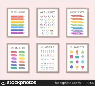 Set of educational posters in frame for preschool. Cartoon flat style. Vector illustration