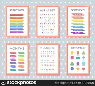 Set of educational posters in frame for preschool. Vector illustration. Cartoon flat style