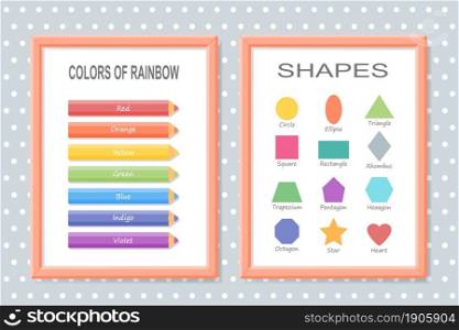 Set of educational posters of geometric shapes and colors of rainbow in frame. Vector illustration. Cartoon flat style