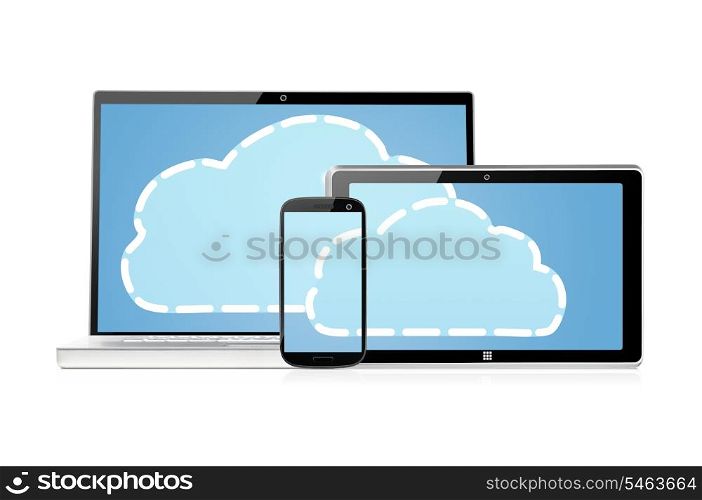 set of electronic devices with clouds on its screens, isolated on white background