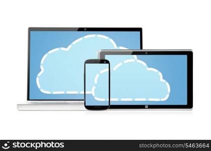 set of electronic devices with clouds on its screens, isolated on white background