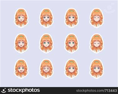 Set of emotional stickers head anime manga girl. Japanese cartoon style. For chat messages, paper or t-shirt print. Girl with red hair