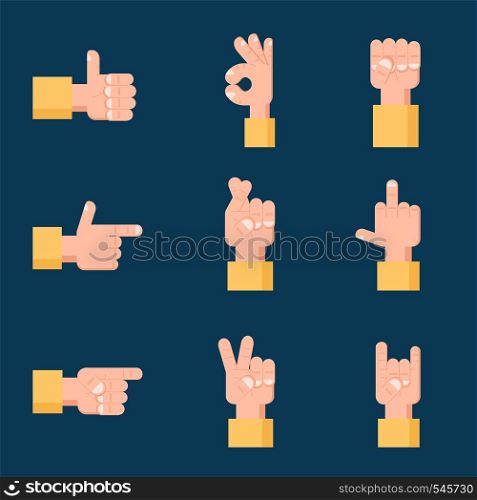 Set of emotions hand sign. Communication gestures concept. Vector illustration isolated on plane background flat design.. Set of hand signs. Communication vector concept.