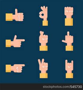 Set of emotions hand sign. Communication gestures concept. Vector illustration isolated on plane background flat design.. Set of hand signs. Communication vector concept.