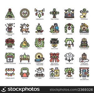 Set of Essential Christmas Decorations thin line icons for any web and app project.