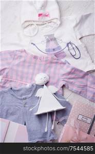 set of expectations and plans of woman at new year with child clothes. concept shot