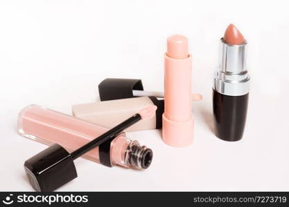 set of fashion cosmetics for lips in nude tone  