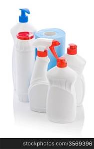 set of fhite bottles and towel