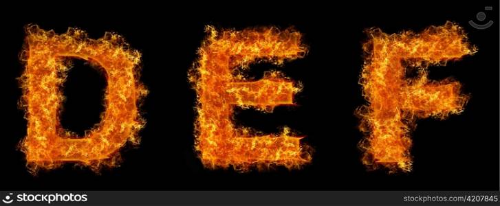 Set of Fire letter D E F on a black background