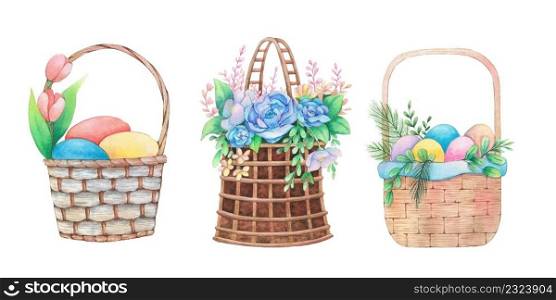 Set of flower basket watercolor. Hand drawn watercolor illustrations.