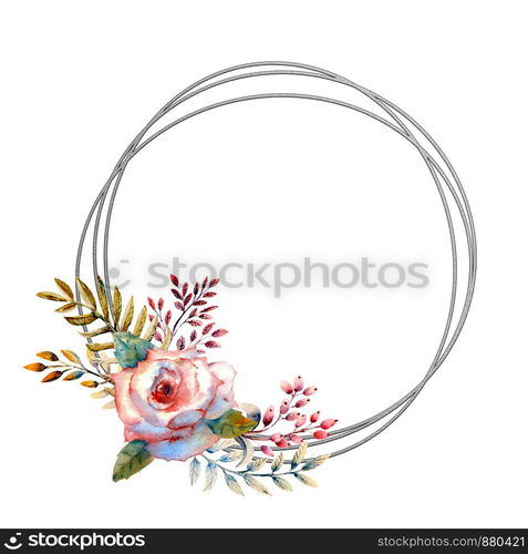 Set of flower branches. Pink rose flower, green leaves, red . Wedding concept with flowers. Floral poster, invitation. Watercolor arrangements for greeting card or invitation design. Set of flower branches. Pink rose flower, green leaves, red . Wedding concept with flowers. Floral poster, invitation. Watercolor arrangements for greeting card or invitation design. round silver frame