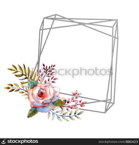 Set of flower branches. Pink rose flower, green leaves, red . Wedding concept with flowers. Floral poster, invitation. Watercolor arrangements for greeting card or invitation design. Set of flower branches. Pink rose flower, green leaves, red . Wedding concept with flowers. Floral poster, invitation. Watercolor arrangements for greeting card or invitation design. silver frame