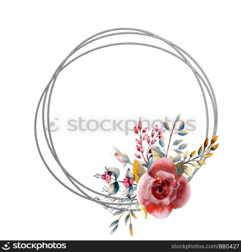 Set of flower branches. Pink rose flower, green leaves, red . Wedding concept with flowers. Floral poster, invitation. Watercolor arrangements for greeting card or invitation design. Set of flower branches. Pink rose flower, green leaves, red . Wedding concept with flowers. Floral poster, invitation. Watercolor arrangements for greeting card or invitation design. round frame