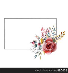 Set of flower branches. Pink rose flower, green leaves, red . Wedding concept with flowers. Floral poster, invitation. Watercolor arrangements for greeting card or invitation design. Set of flower branches. Pink rose flower, green leaves, red . Wedding concept with flowers. Floral poster, invitation. Watercolor arrangements for greeting card or invitation design. Horizontal rectangular frame