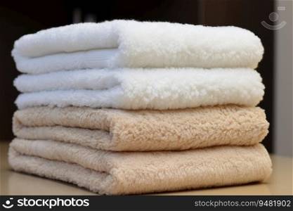 Set of fluffy clean towels available for guest use.
