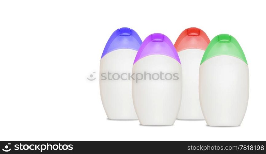 Set of four blank bottles for cometics on white with copyspace