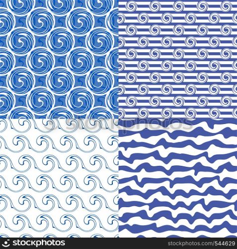 Set of four blue abstract geometrical seamless patterns. Summer backgrounds for your design