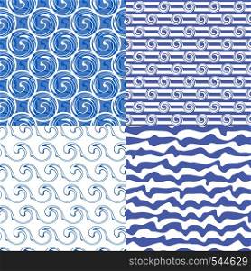 Set of four blue abstract geometrical seamless patterns. Summer backgrounds for your design