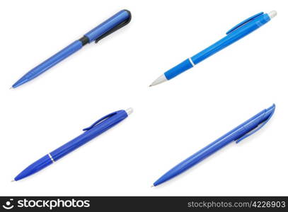 Set of four blue pens isolated on white background. Set of four blue pens on white background