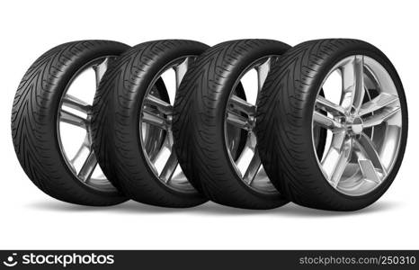 Set of four car wheels isolated on white background