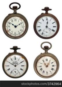 set of four old pocket watches, isolated with clipping path