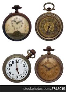 set of four old pocket watches, isolated with clipping path