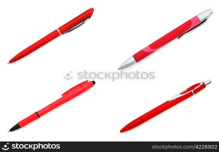 Set of four red pens isolated on white background. Set of four red pens on white background