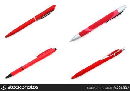 Set of four red pens isolated on white background. Set of four red pens on white background